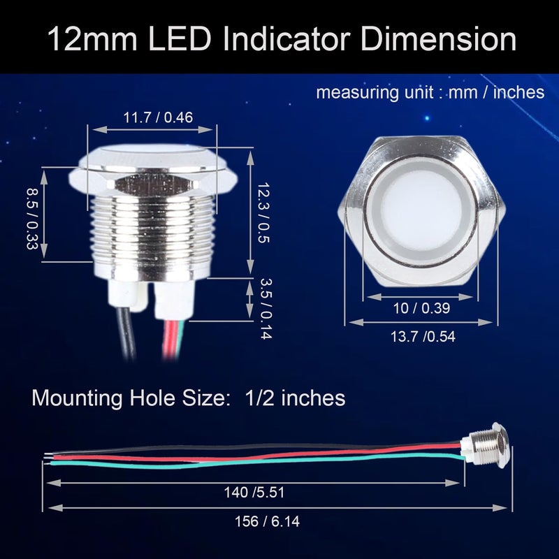 DMWD 2Pcs 12V-24V Metal LED Indicator Lights,12mm Waterproof Common Cathode Dual Color Led Signal Lamp, Red and Green LED in 1 with Wires to Indicate The Power Supply Status - Image 3